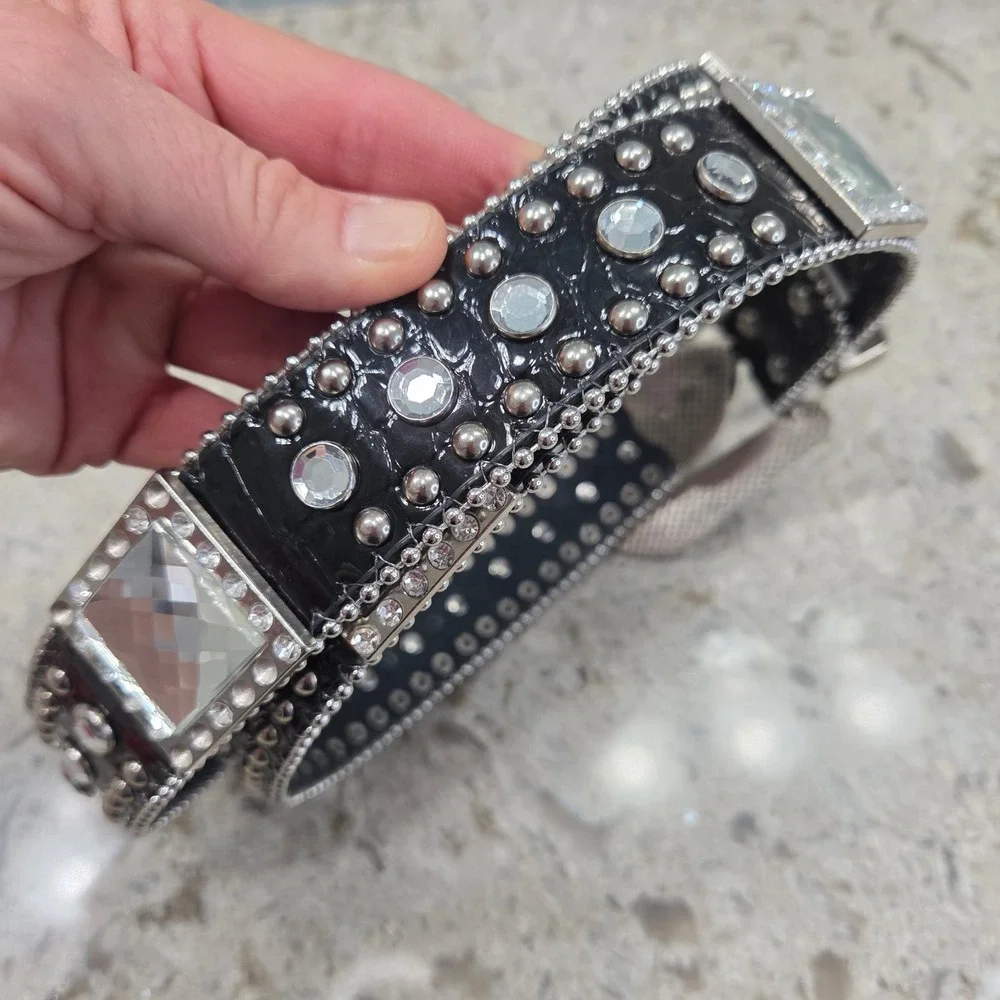 Vintage Blazin Roxx Women Blk Croc Rhinestone Western Belt Silver Studded XL Y2K